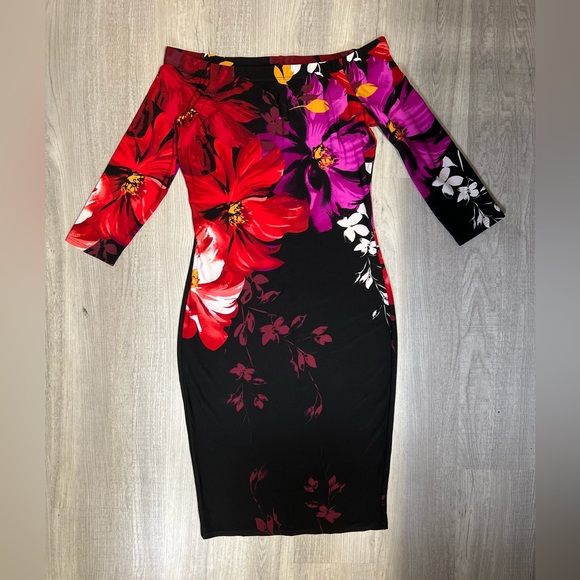 Off-the-shoulder, fitted floral dress with stretch - XS - Picture 1 of 3
